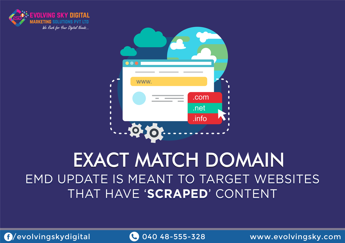 evolving_sky's tweet photo. #ExactMatchDomain #SEO Algorithm
EMD is a domain name that exactly matches a search query that will likely drive traffic to your website. @evolving_sky offers top-notch services of #digitalmarketing #SMO #SMM #PPC #webdesigning & more. Get in touch with us: 040-48555328 https://t.co/FfWKyFVh4w
