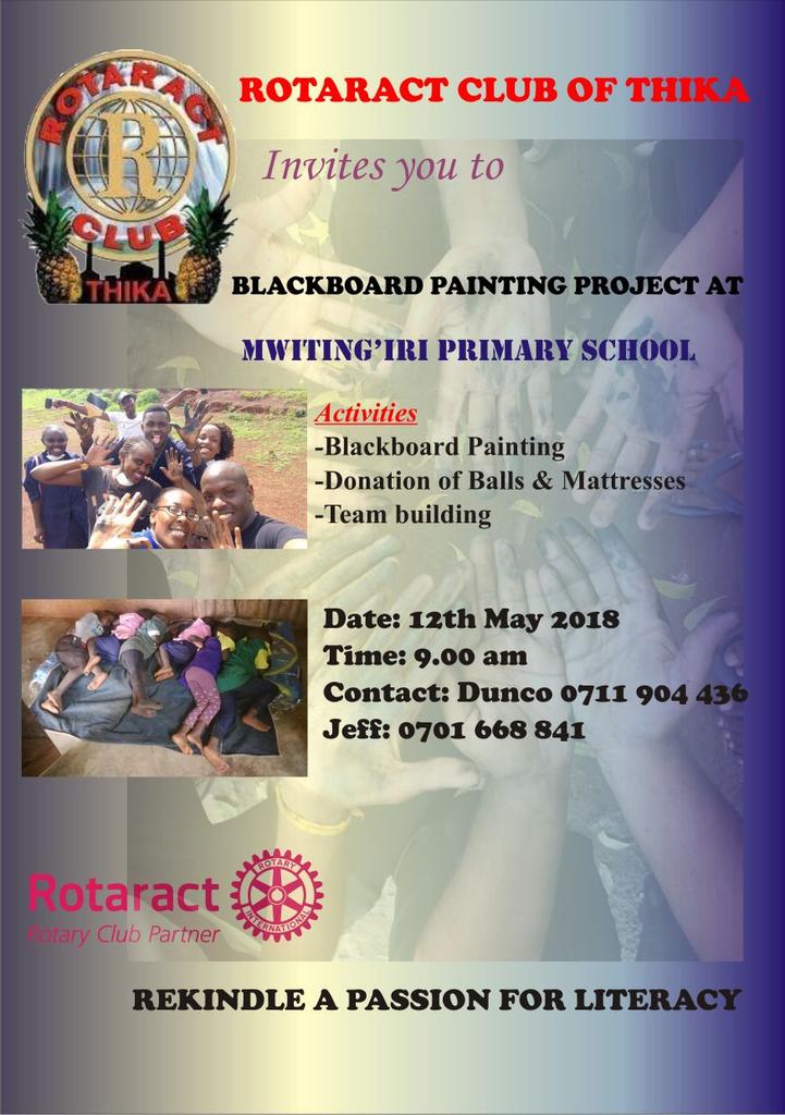 rotaractthika's tweet photo. Join us on 12Th May at Mwitingiri Primary school thika as we do blackboard painting project.

#rekindleapassionforliteracy
#serviveaboveself https://t.co/cYNVYDkKxw