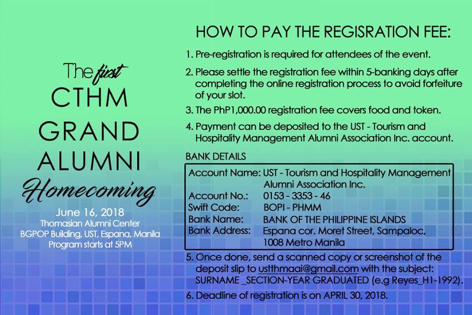 fourteafive's tweet photo. The first CTHM Grand Alumni Homecoming is finally here! Register now and be part of this momentous event in our college's history! 💚

Looking forward to welcoming you home! 💙

REGISTER HERE:
https://t.co/AYYb4sSiH3 https://t.co/3IsC3DAi15