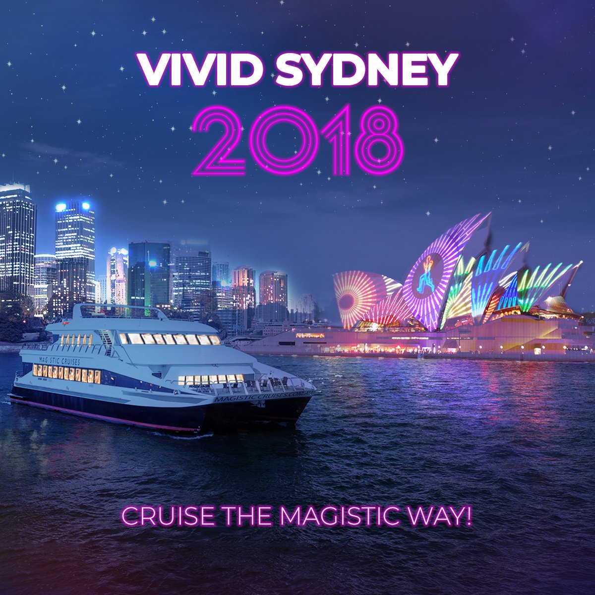 MagisticCruises's tweet photo. Two special Vivid Sydney dinner cruises on the Magistic Two - Sydney's most popular multi-million dollar catamaran! All-inclusive cruise, dinner &amp; drinks packages. Book Online!

View Details: https://t.co/ESaxhMDPNo
  
#vividSYDNEY #vividcruises #vividsydneycruise #Vividdinner https://t.co/c87dUByiTo
