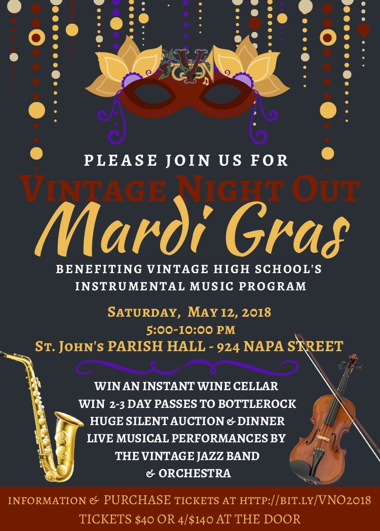 VHS_Band_String's tweet photo. You could win 75 bottles of wine worth over $2,500 at Vintage Night Out Mardi Gras! A $20 raffle ticket enters you in the Instant Wine Cellar Raffle. No need to be present to win. Buy tickets at https://t.co/NhYPc8moE8. @VHS_Crushers @vhs_orchestra @vhspfcc @vhs_alumni https://t.co/y4EeLNjuj0