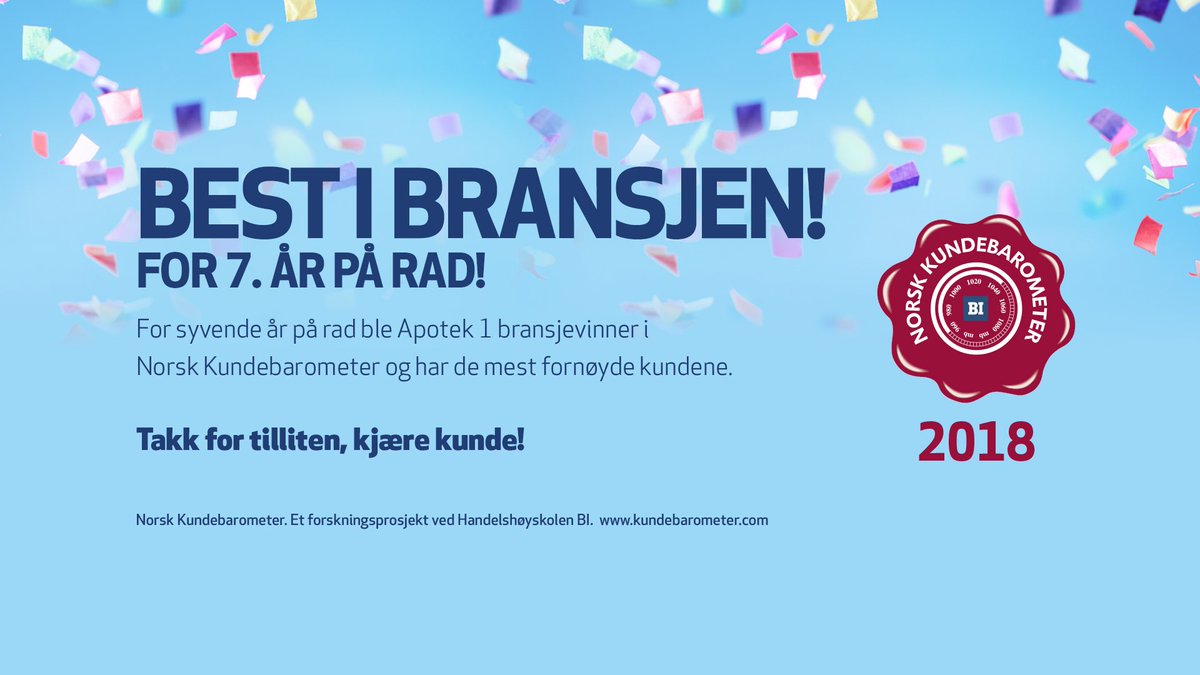 Apotek 1 er bransjevinnere i Norsk Kundebarometer 2018!  Det er syvende året på rad at kundene har rangert oss om den beste apotekkjeden. Takk for tilliten til våre kunder.
Norsk Kundebarometer. Et forskningsprosjekt ved Handelshøyskolen BI. kundebarometer.com