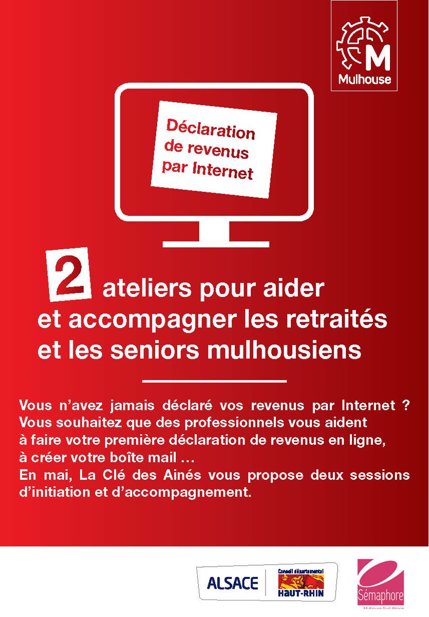 mulhouse's tweet photo. Retraités et seniors mulhousiens, faites-vous accompagner dans votre #déclarationderevenus en ligne ! 👨💻👴🧓💻
2 ateliers gratuits vous sont proposés par #laClédesAinés avec @sema_asso les 16 et 30 mai : inscrivez-vous au 03 89 33 79 29 ! #impots2018 https://t.co/PcWlMUXhZV