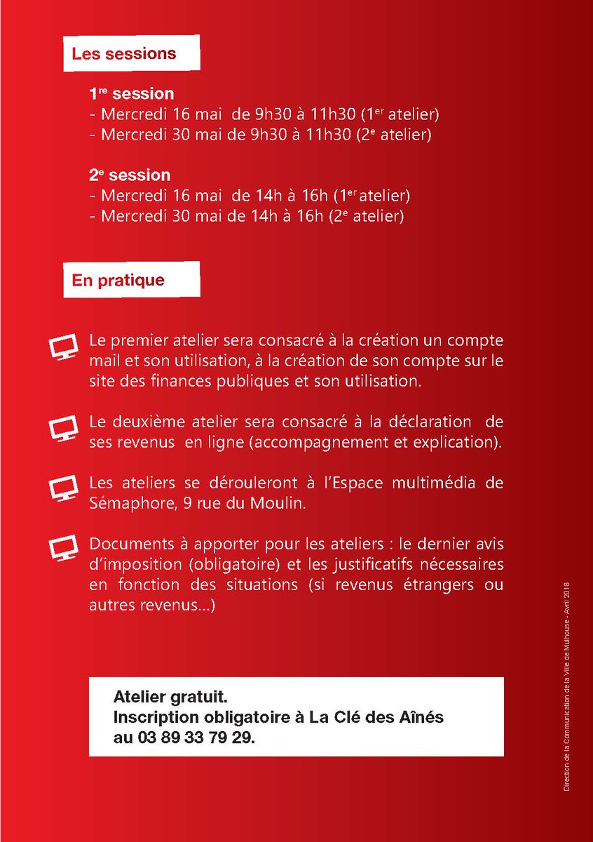 mulhouse's tweet photo. Retraités et seniors mulhousiens, faites-vous accompagner dans votre #déclarationderevenus en ligne ! 👨💻👴🧓💻
2 ateliers gratuits vous sont proposés par #laClédesAinés avec @sema_asso les 16 et 30 mai : inscrivez-vous au 03 89 33 79 29 ! #impots2018 https://t.co/PcWlMUXhZV