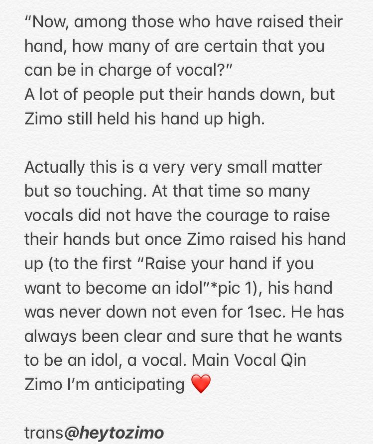 youvwei's tweet photo. someone pointed out that when Li Ronghao asked who’s certain they can be in charge of vocal in IP ep3, Zimo remains the few that held their hands up high.

small matter but I translated the post because just so proud of how far he has come &amp; he’s debuting soon💞

#QinZimo #秦子墨 https://t.co/87svasunki