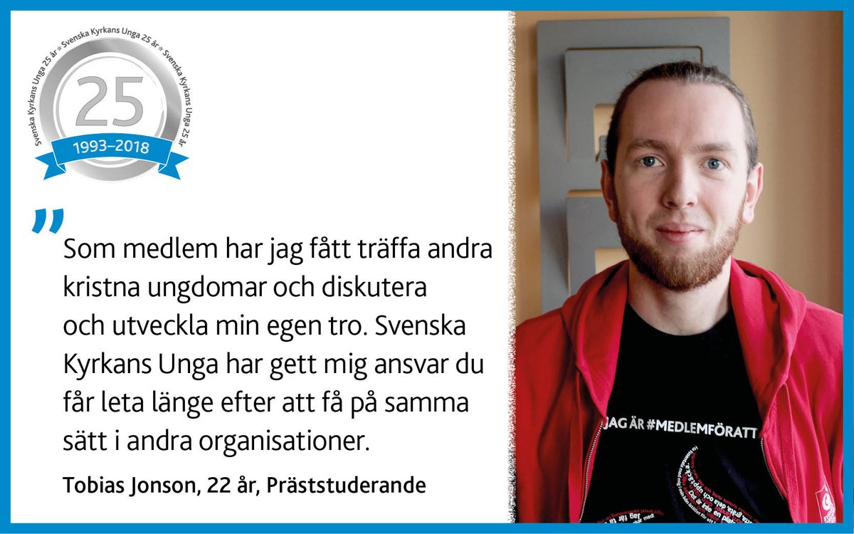 SvKyrkansUnga's tweet photo. "Som medlem har jag fått träffa andra kristna unga och diskutera och utveckla min egen tro. Svenska Kyrkans Unga har gett mig ansvar som du får leta länge efter att få på samma sätt i andra organisationer." Tobias Jonson, 22 år, präststuderande
#svenskakyrkansunga25 #medlemföratt https://t.co/k1zVd5iEMZ