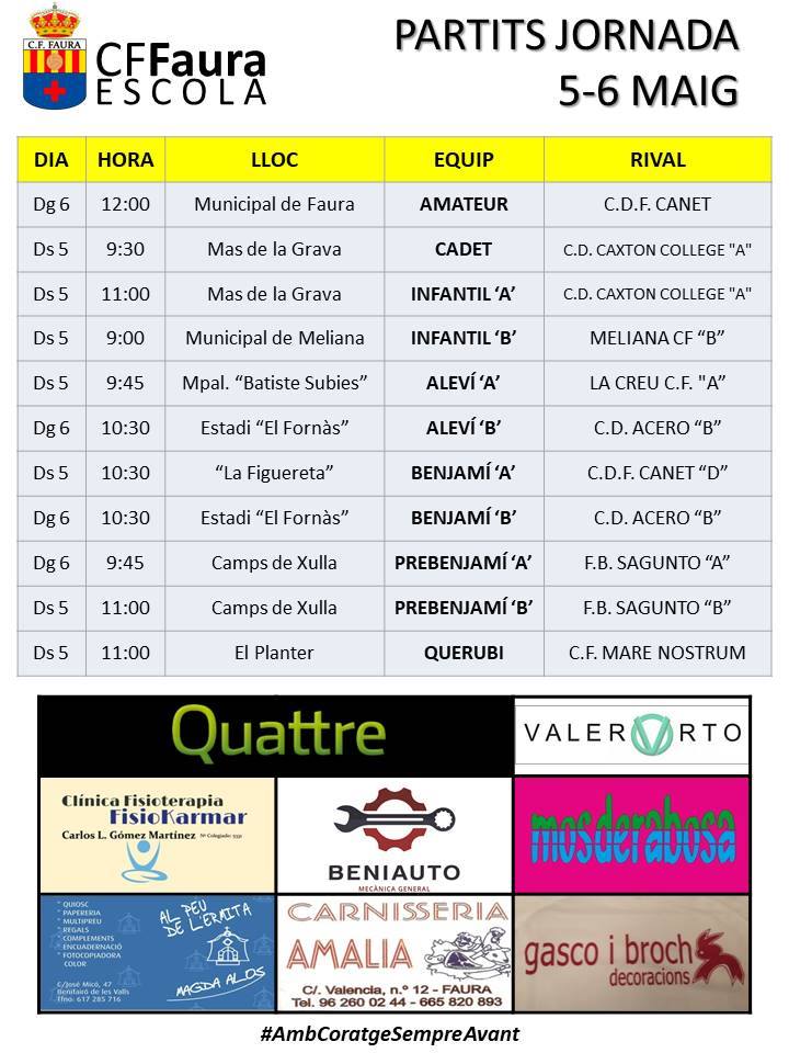AjtFaura's tweet photo. ⚽Tot el #futbol del @faura_cf per a este cap de setmana. Diumenge, 6 de maig, l'equip Amateur es juga una plaça en la promoció d'ascens a Primera Regional. Vine a animar al camp municipal! 👏👏
#AmbCoratgeSempreAvant #123Faura #ViuFaura https://t.co/bHXZqrsBfy