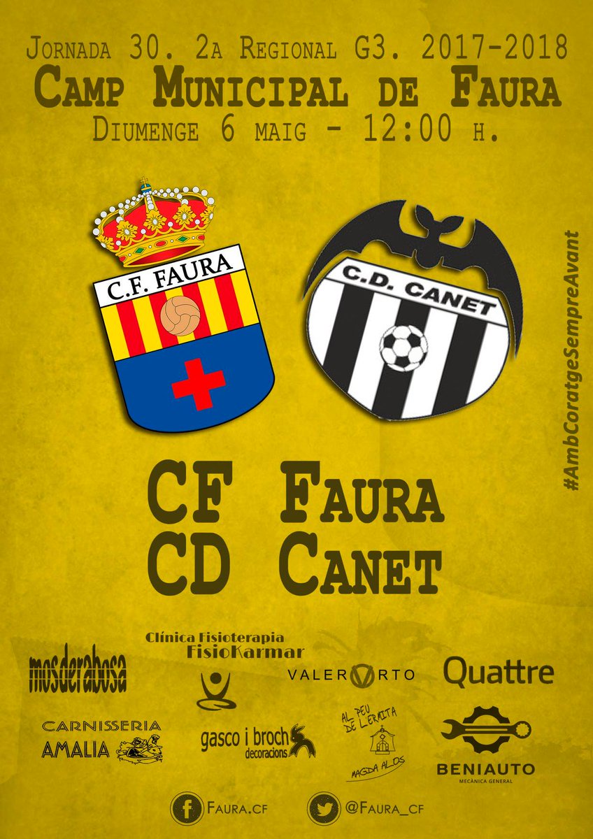 AjtFaura's tweet photo. ⚽Tot el #futbol del @faura_cf per a este cap de setmana. Diumenge, 6 de maig, l'equip Amateur es juga una plaça en la promoció d'ascens a Primera Regional. Vine a animar al camp municipal! 👏👏
#AmbCoratgeSempreAvant #123Faura #ViuFaura https://t.co/bHXZqrsBfy