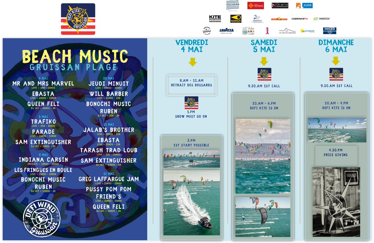 GruissanTourism's tweet photo. Le Défi Kite commence aujourd'hui à Gruissan. Vous avez jusqu'à dimanche pour profiter de courses uniques au monde en kitesurf et de concert esprit aloha 💨🏄♂️
#MyGruissan #DefiKite #KiteSurf #Wind #Mediterranee #Occitanie https://t.co/tE3VmRXRPV