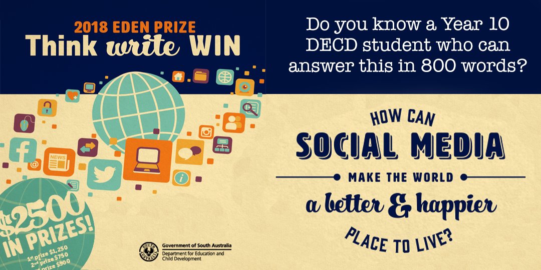 SATeachLearn's tweet photo. The 2018 Eden Prize is open to all Yr 10 #DECD students
Info &amp; entry form: https://t.co/n6I5699oFl 
Entries close 5pm - Fri 8 Sep
#HASSchat #History #literacy https://t.co/toYkAcDFXV