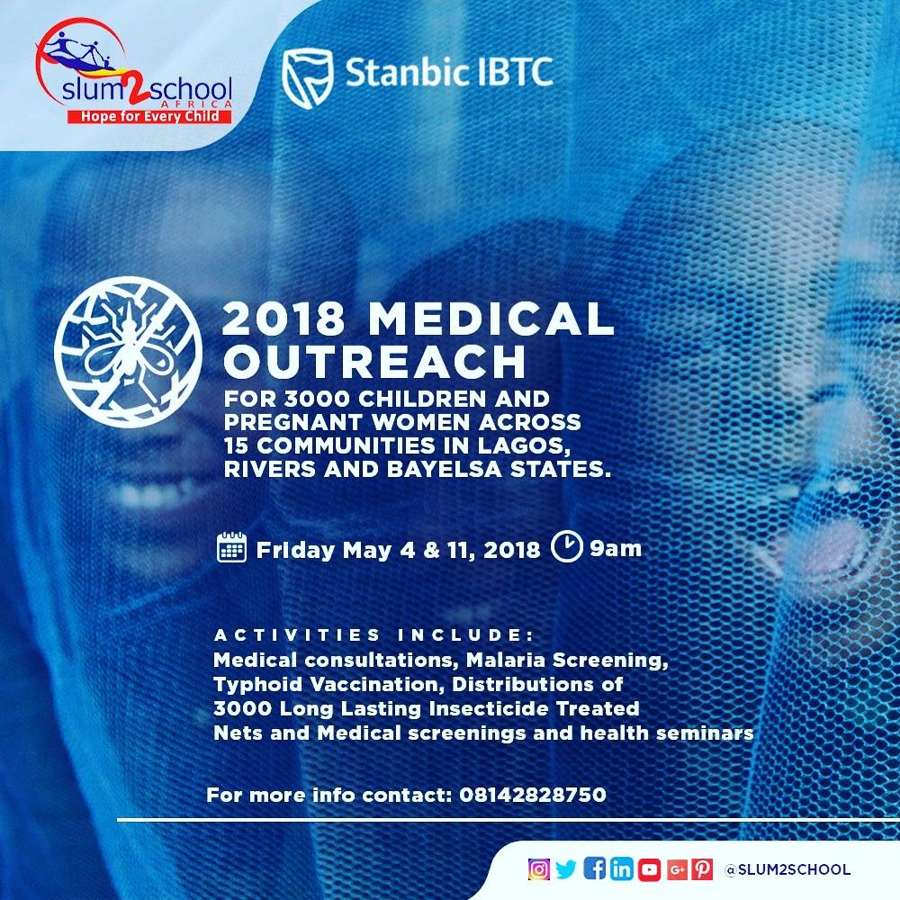 Slum2School's tweet photo. It's a beautiful morning and we are set to launch our 2018 medical outreach tour across 15 communities and 9 schools in partnership with @StanbicIBTC 
It's time to keep our children healthy so they can all learn and stay safe. 
#Slum2School #StanbicIBTC #Lagos #Rivers #Bayelsa https://t.co/5uhDnJBhFk