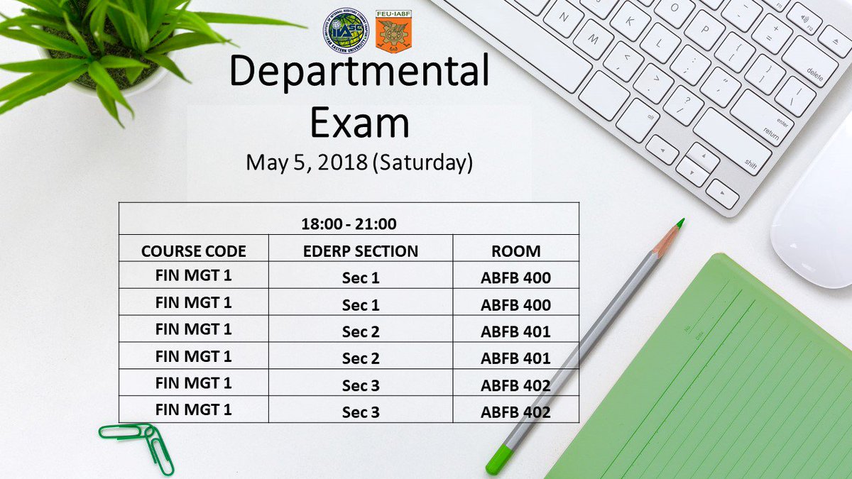 iiascfeu's tweet photo. Please take note of the schedule of Final Departmental Exams.
Good luck! :)

#LabanIA https://t.co/SfZjAA1h7x