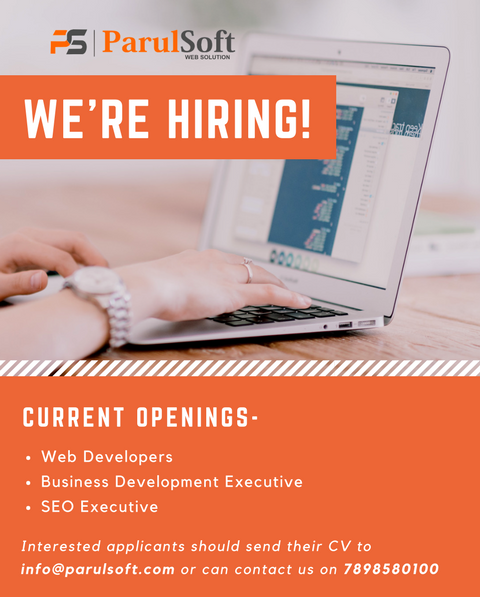 ParulSoft's tweet photo. @ParulSoft have Opening , Multiple Profile like- #Webdeveloper, #SEOExecutive #BusinessDevelopmentExecutive (#BDE) . Interested candidate can mail resume on Info@parulsoft.com , Contact Us : 7898580100, Visit Us - https://t.co/4amMJXjLOE https://t.co/KEtl5SUcXu