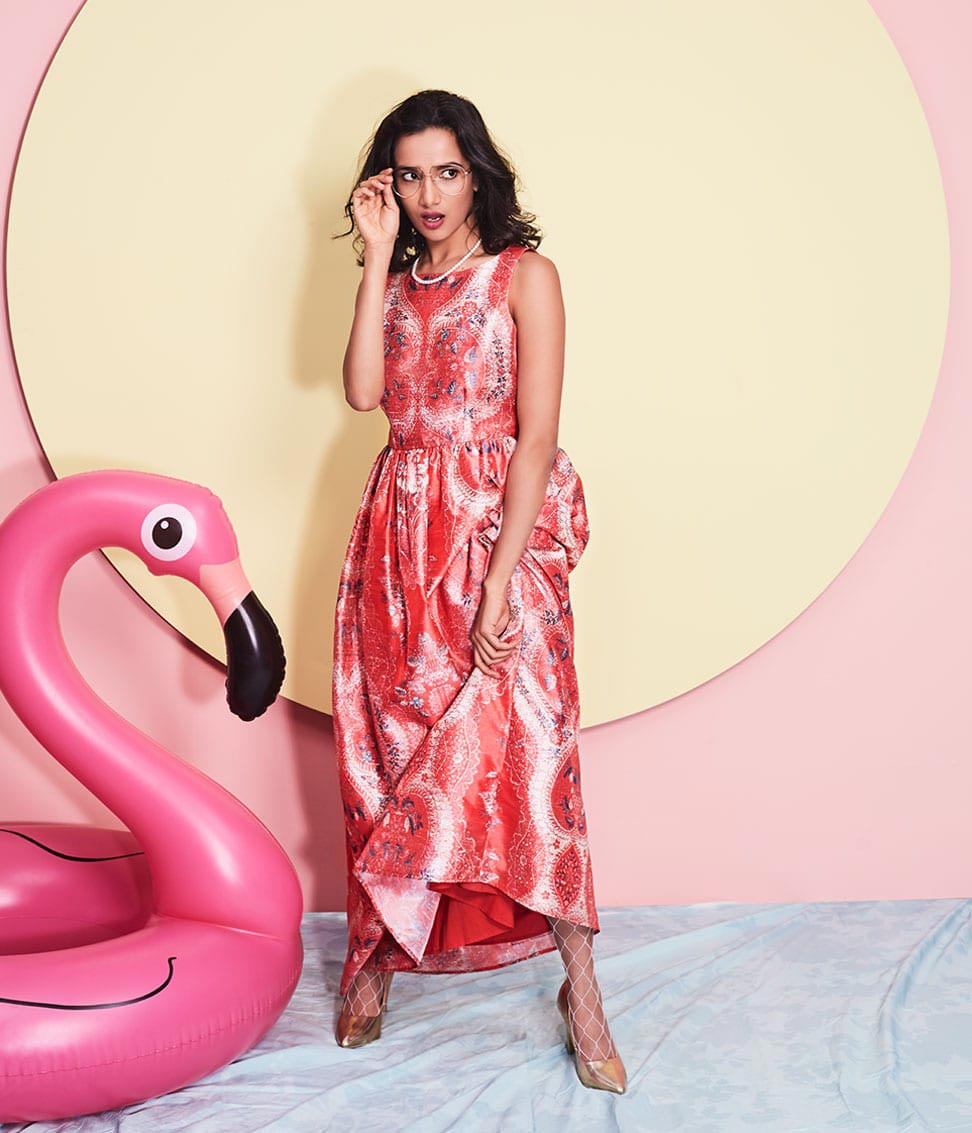 Sweet Surrender | The collection mixes prints and embellished textiles ranging from novelty fruits to bold blooms. Shop the look online here - labelritukumar.com/peach-empire-c…