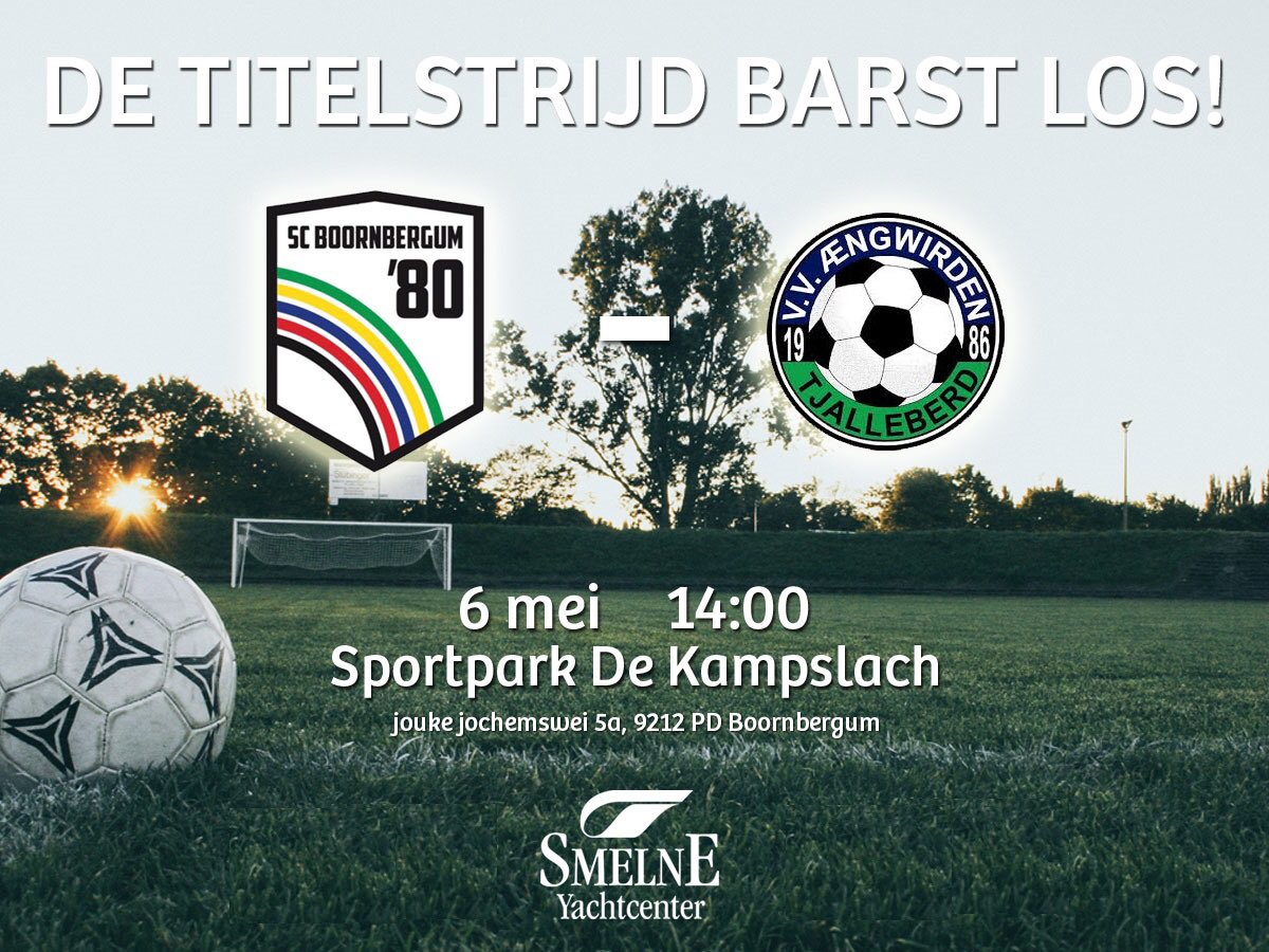 Aanstaande zondag speelt SC Boornbergum ’80 zondag 1 in de strijd om het kampioenschap de belangrijke thuiswedstrijd tegen naaste belager vv Aengwirden 1. De wedstrijd start om 14:00 op sportpark De Kampslach. Tot dan!