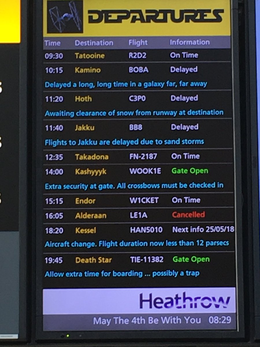 PeteHughes44's tweet photo. At @HeathrowAirport and it looks like my flight to Hoth is going to be delayed #MayThe4th https://t.co/mOOr7wvwVh