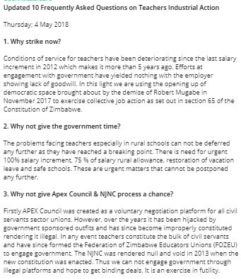 DougColtart's tweet photo. As the #ZimTeachersStrike looms large with schools opening next week, the Amalgamated Rural Teachers Union of Zimbabwe (ARTUZ) has published answers to 10 FAQs about the teachers' industrial action. It's very helpful for understanding the issues. Pls read &amp; RT. #SaveOurSchools https://t.co/CSF63Rv0W2