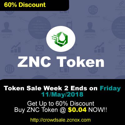 TokenZnx's tweet image. Token Sale Week 2 Ends on Friday 11/May/2018. 
Buy ZNC Token @ $0.04 . Get up to 60% disount​

Buy token Now 👉 crowdsale.zcnox.com

👉And Join ZNC community Telegram group: t.me/joinchat/HpqTf…

#GetInvolvedNG #ThePlatformNG #ICO #Token #blockchain #Cryptocurrency