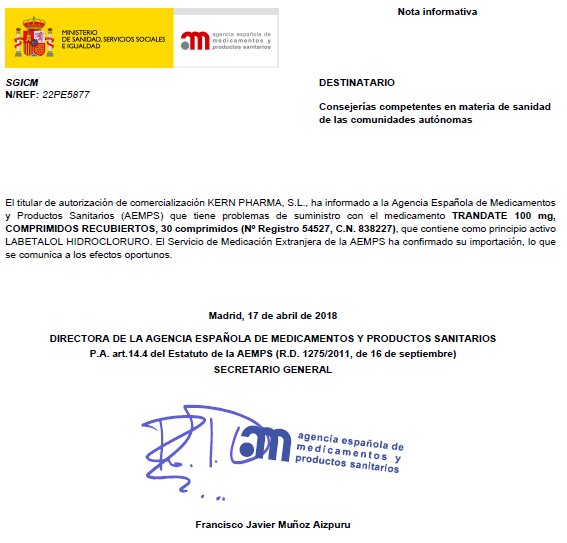 FarmaDSCostaSol's tweet image. Informa @AEMPSGOB del #Desabastecimiento de #TRANDATE (labetalol) 100 mg, 30 comp (C.N. 838227). Se habilita su petición a través de Medicamentos Extranjeros
