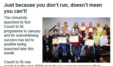 Our @CCCUSport Couch to 5K group is in the staff newsletter this week! Really proud of everyone for not only completing the programme but continuing to thrive and support each other. This was something that I had never considered pursuing but am so glad that I did. #LittleChanges