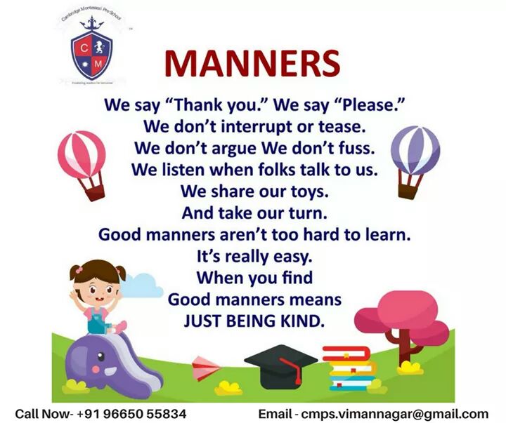 CMPSVimanNagar's tweet photo. Helping your child master these simple rules of etiquette will get him noticed -- for all the right reasons
#preschoollife #preschooler #preschool #preschoolfun #preschoolkids #montessori #manners #mannersforkids
Call Now- +91 96650 55834
Email cmps.vimannagar@gmail.com
#pune https://t.co/CROo1FecDT
