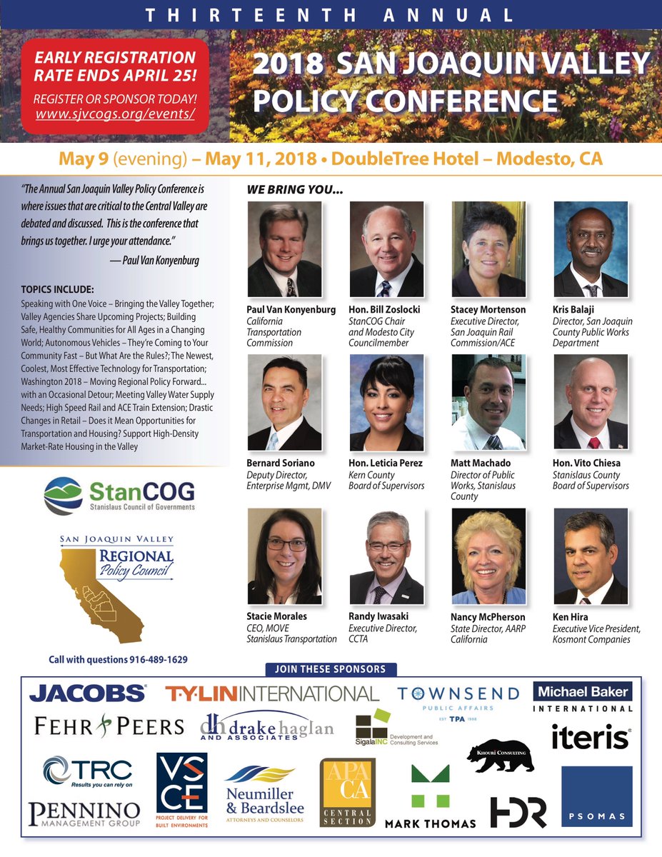 FollowStanCOG's tweet photo. Join us at the 13th Annual San Joaquin Valley Policy Conference on May 9-11, 2018 in Modesto. Don’t miss this opportunity to come together and learn what’s new in the Valley and meet the people making it happen! Register or sponsor at https://t.co/dVKnR1mEUW https://t.co/Bl1Kggt47m