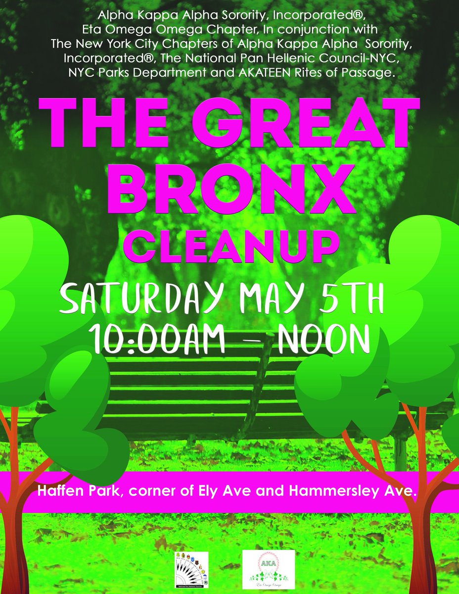 Calling all D9 members!!!! Join The Pan-Hellenic Council of New York City Inc. this Saturday, May 5 – in the Great Bronx Clean Up!  Please wear your para to show unified service. We will be meeting at 10am sharp.

#NPHCNYC