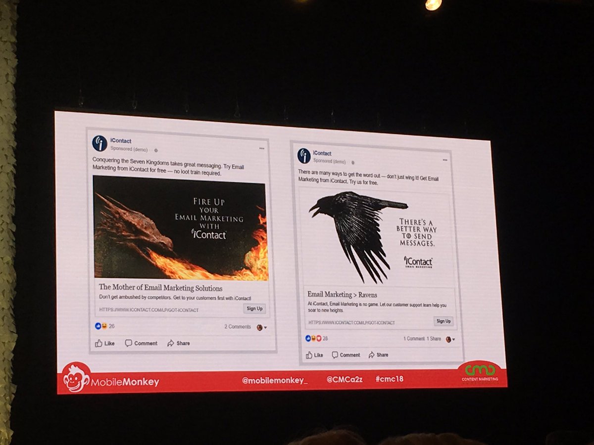 Erika_AFMWaters's tweet image. Use an inverted 🦄 approach. Target your email mrktng customer but add a #GameofThrones spin to people who like the show @larrykim #CMC18