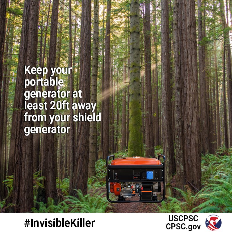 A portable generator sitting in the forest. The text reads: Keep your portable generator at least 20ft away from your shield generator.