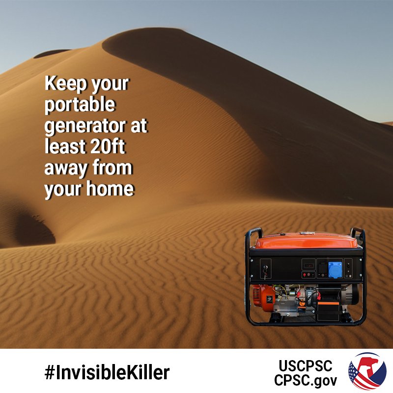 A portable generator sitting in the middle of the desert. The text reads: Keep your portable generator at least 20ft away from your home.