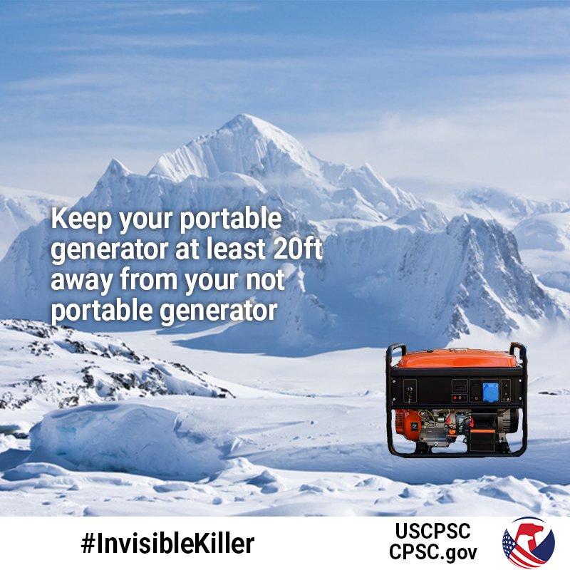 A portable generator sitting on a snow covered mountain. The text reads: Keep your portable generator at least 20ft away from your not portable generator.