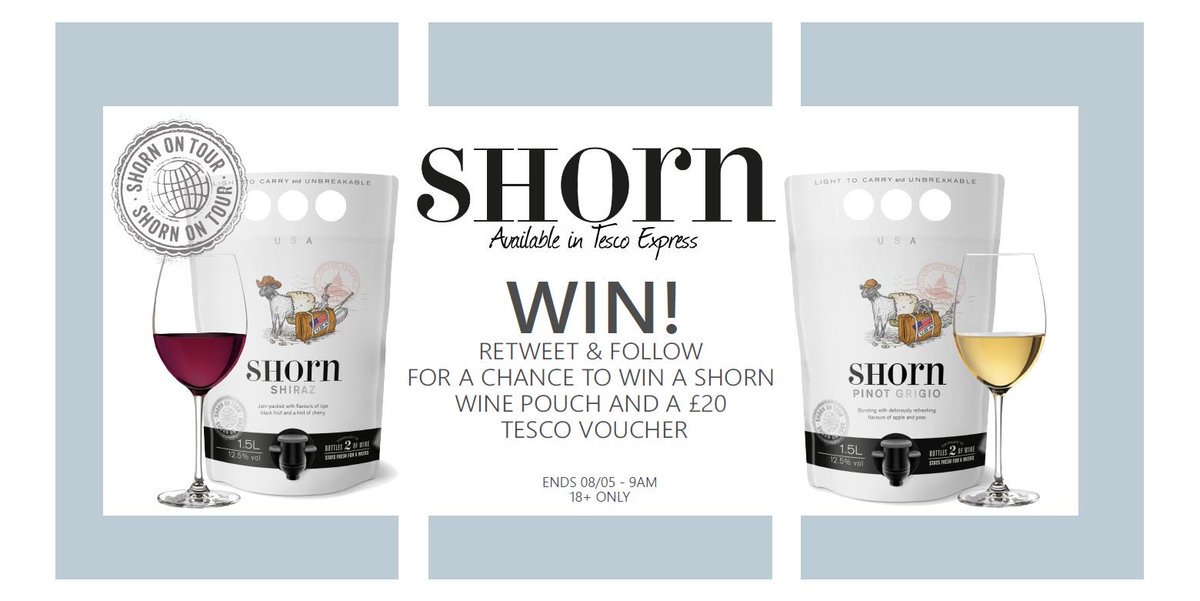 ShornWines's tweet photo. To celebrate the Bank Holiday weekend and the launch of our new Shorn Pinot Grigio and Shiraz pouches in @Tesco Express, we are going to have a #giveaway!
For the chance to #win a Shorn wine pouch and a £20 Tesco voucher, just retweet &amp; follow.
Good luck everyone!😊
#Competition https://t.co/bhMhg4qC0N