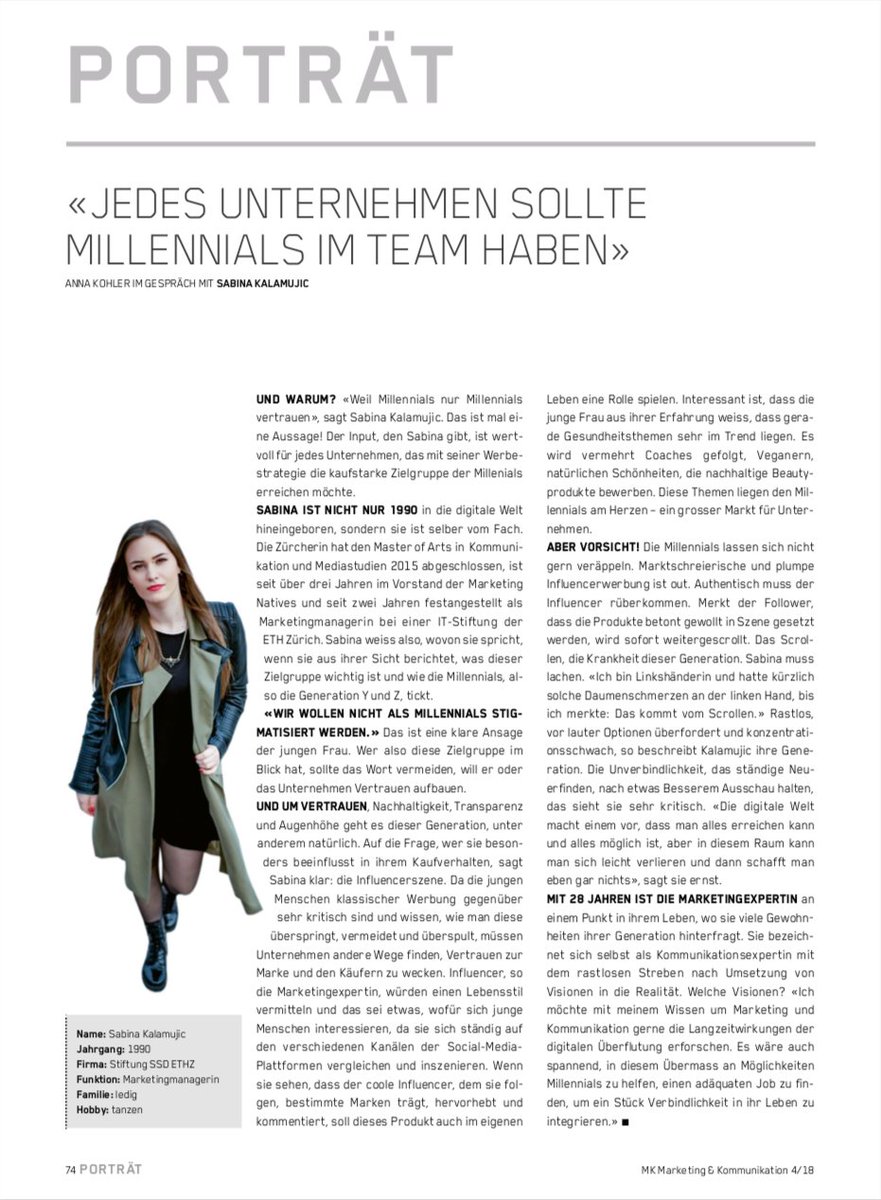 Ausgabe 4/18 des monatlichen «Marketing&amp;Kommunikation» der Schweizer Werbewirtschaft richtet sich an ALLE, die sich für #millenials interessieren. Hier 4 von 80 Seiten als Schmankerl. Besonders interessant: Portrait der Digital Native <a href="/SabinaKala/">SabinaK</a> auf Seite 74. I like.