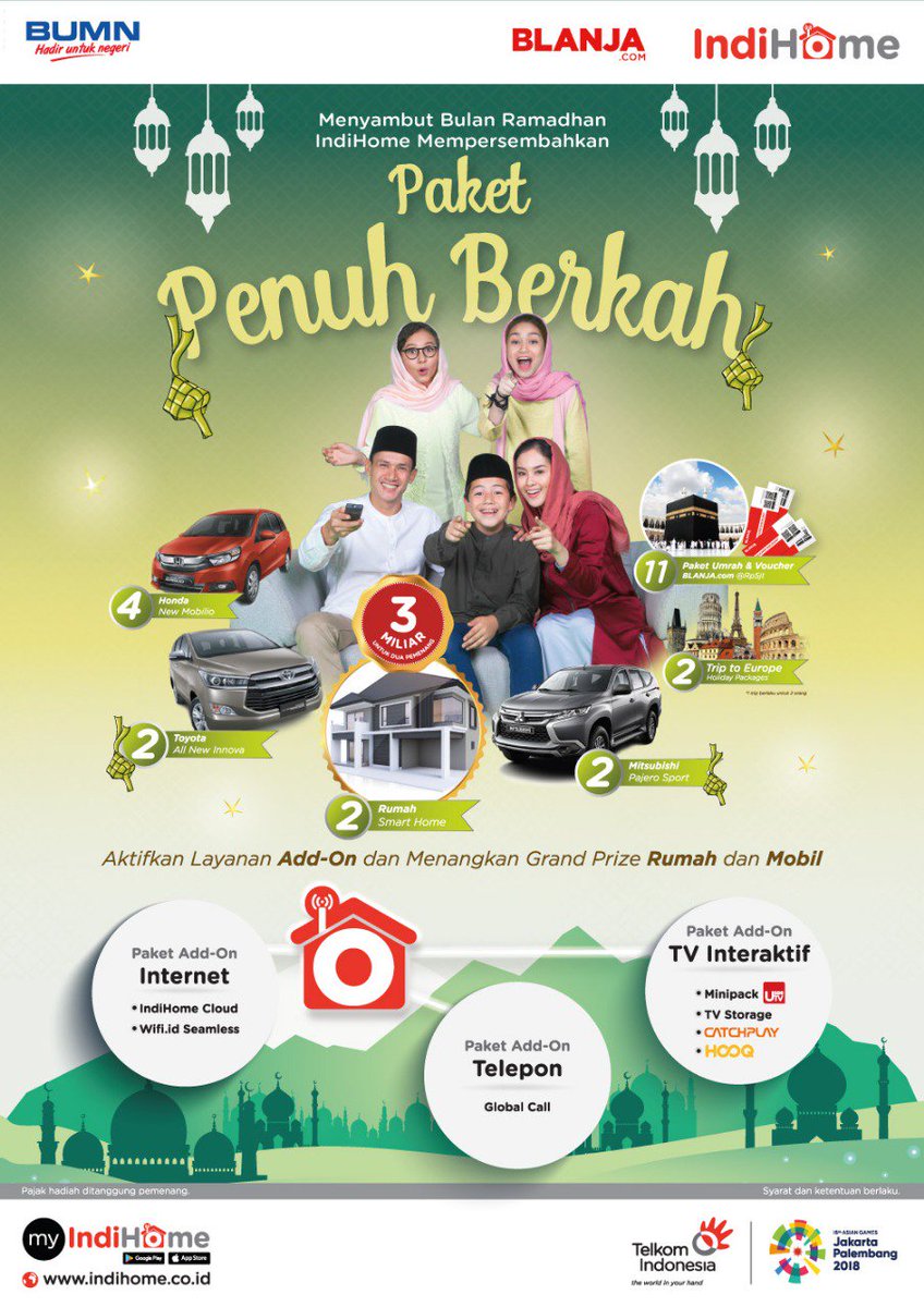 Wow..#indihome benar2 bawa berkah! Aktifin layanan add on dan dapatkan peluang berkah hadiahnya.insyaallah berkah 😊
