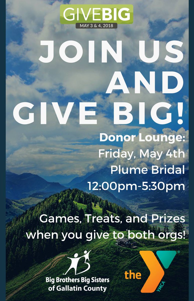 Give Big at our donor lounge from 12-5 today at Plume Bridal on Main Street. Partnering with our good pals, Big Brothers/Big Sisters we'll say thanks for giving to both organizations by offering refreshments, gifts and hearty THANK YOU FOR GIVING BIG! 
givebiggv.org/organizations/…