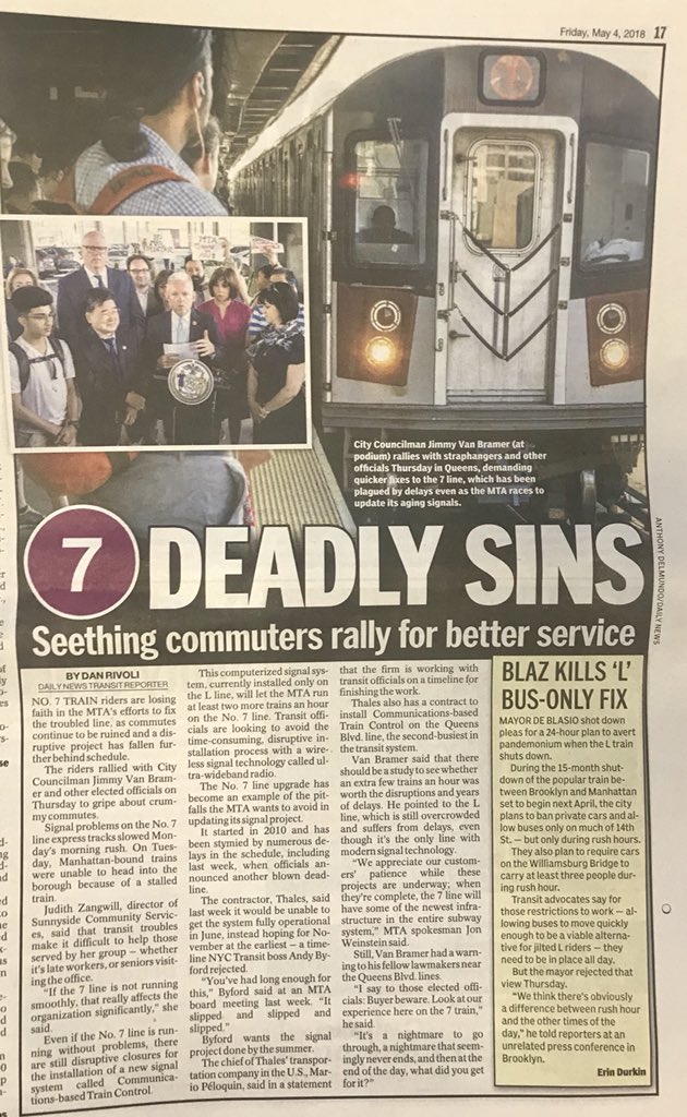 JimmyVanBramer's tweet photo. Yesterday we rallied for better 7 Train service! @danrivoli with @NYDailyNews has the story. https://t.co/x3TngP1M2L #FixTheMTA #7TrainBlues https://t.co/tyLPx6t0o8