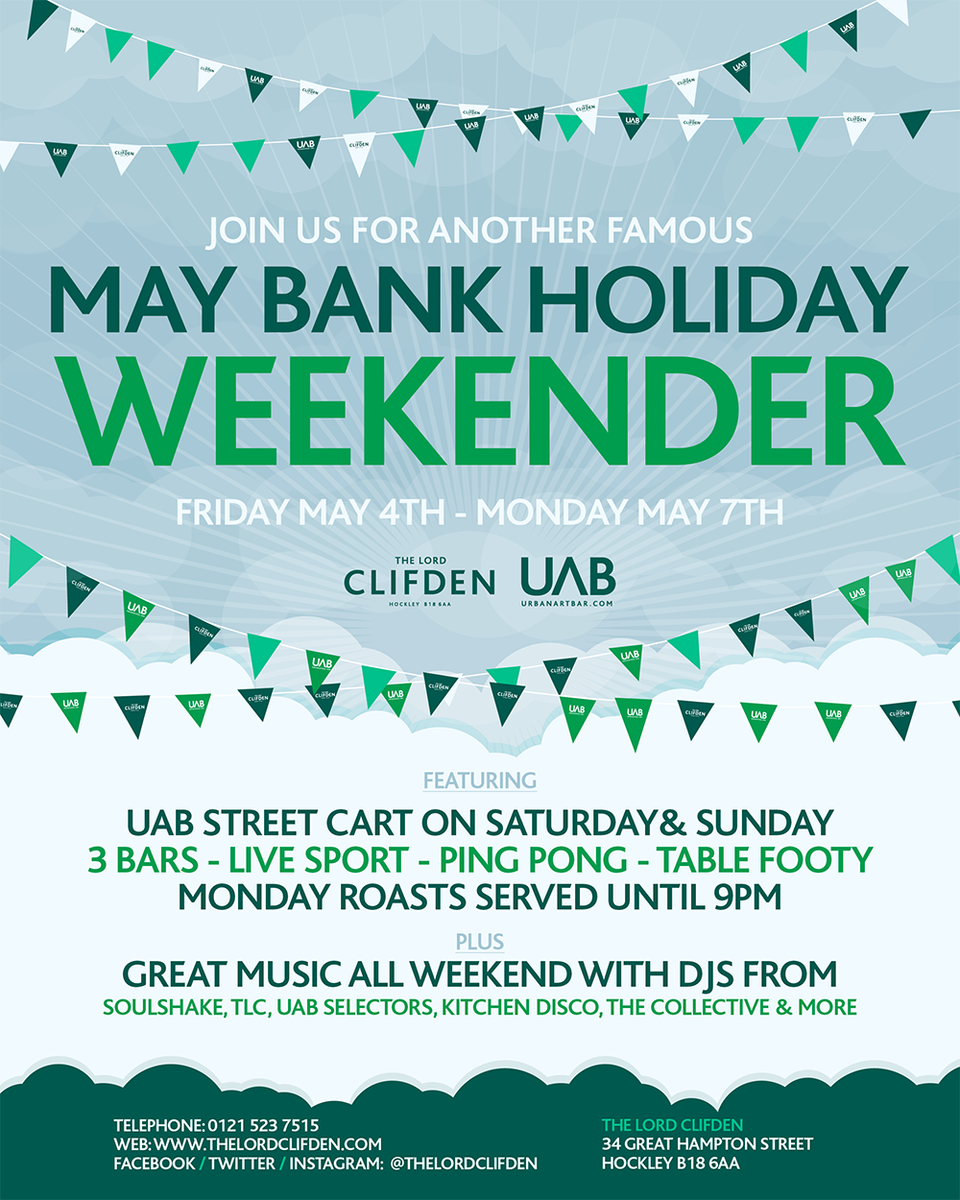 TheClifden's tweet photo. May Bank Holiday 

Food 
Drink
Live Sport ⚽ 
Djs 
Sunshine ☀️ ☀️ ☀️ 
Beer Garden 
Ping Pong / Table Footy 

#JQ https://t.co/DixvmmKZsK