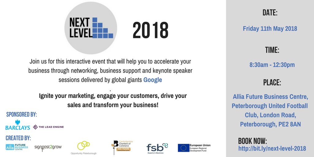OP_Peterborough's tweet image. Don’t miss the opportunity to hear from global giants, Google on how to use your business data effectively to support your growth ambitions. Register now for #NextLevel2018 on 11th May at Allia @ftrbusiness P’boro: bit.ly/2q9uROG #scaleup