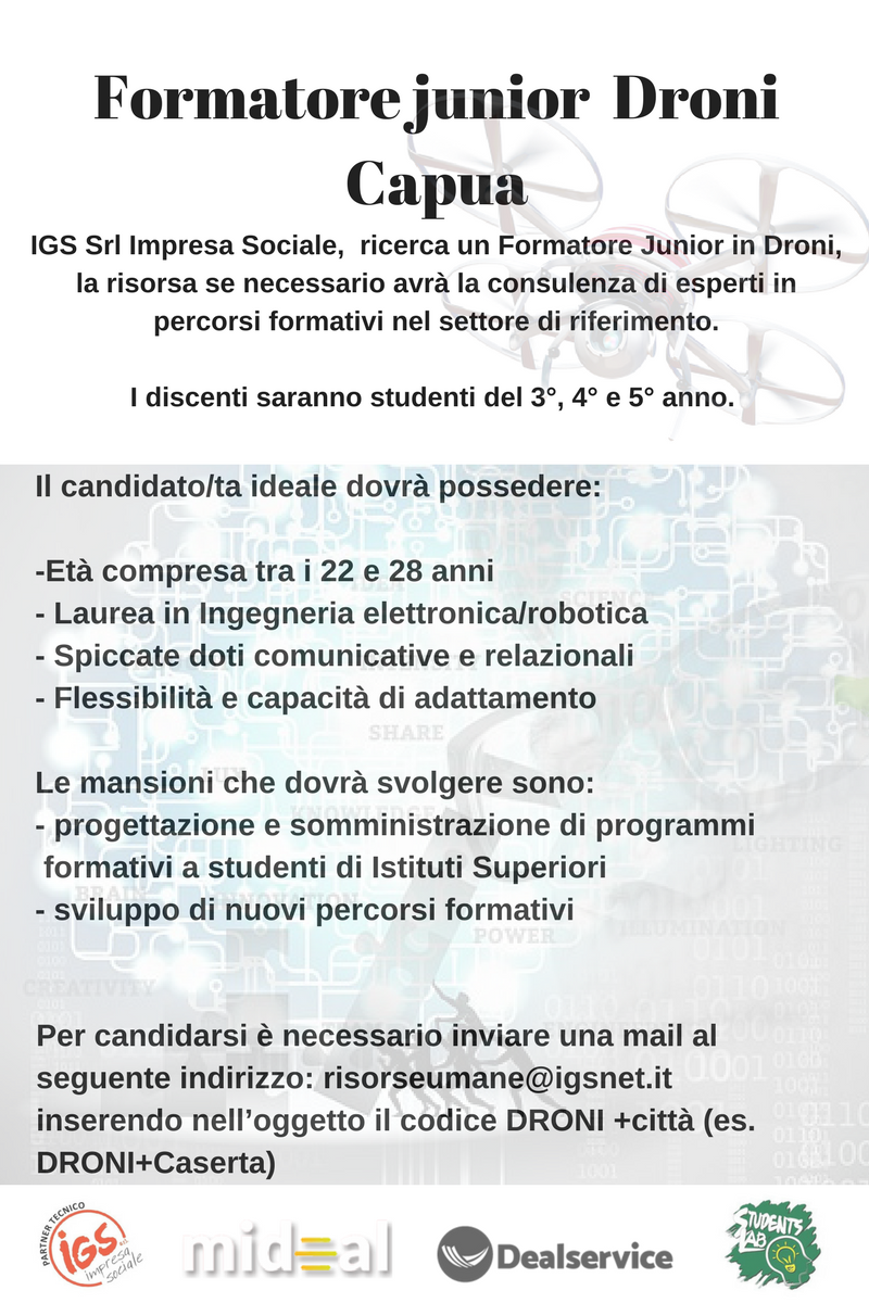 igsnet's tweet photo. Le #selezioni sono #aperte.

Per candidarsi è necessario inviare una mail al seguente indirizzo: risorseumane@igsnet.it
inserendo nell’oggetto il codice DRONI +città (es. #DRONI+Caserta)
#job #opportunity #4maggio https://t.co/GkKU7eM3XH