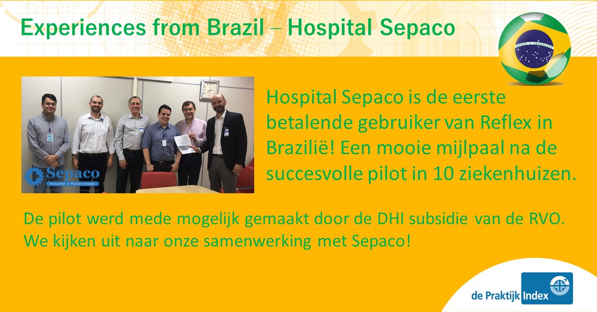 PraktijkIndex's tweet photo. Eerste Braziliaanse ziekenhuis met Reflex licentie! Monitoring patiëntuitkomst obv bestaande data ook daar mogelijk! Met dank aan @RVO_Int_Ond DHI subsidie, die succesvolle pilot in 10 Braziliaanse ziekenhuizen mogelijk maakte. https://t.co/myuNB4q1XN