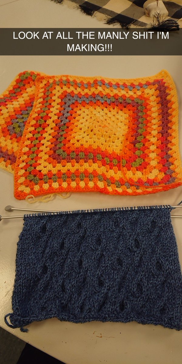 QueerWerewolf90's tweet photo. The two crocheted things above will become pillow cases, and the knitting a baby sweater.
#ManlyCrochet #ManlyKnitting https://t.co/bUoX6OMeo2