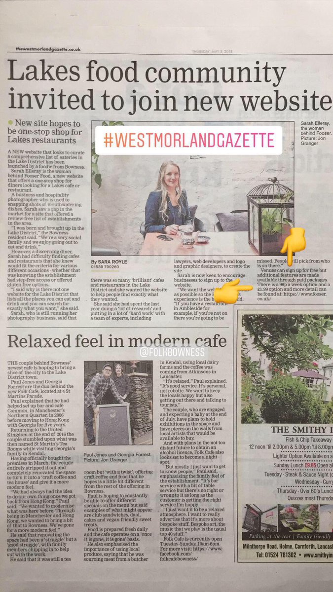 #FollowFriday Fooser is in the #local paper this week! Westmorland Gazette P83 Food &amp; drink section! Venues in #LakeDistrict It’s FREE TO SIGN UP!! Have a quick read thewestmorlandgazette.co.uk/news/16202420.…