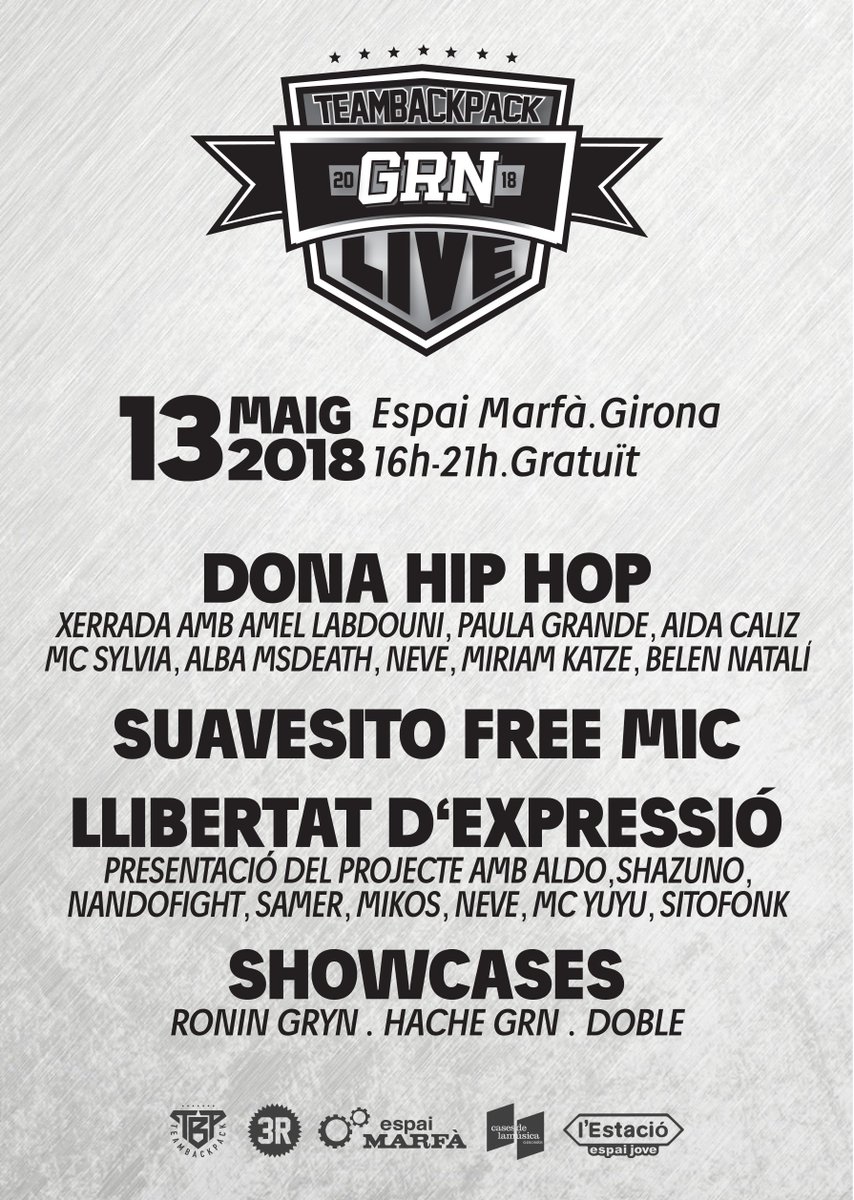 Una recomanació molt especial! Si t'agrada el Hip-Hop no et perdis la TBP GIRONA LIVE 2 que es farà a l'Espai Marfà el diumenge 13 de maig de 16 a 21 h.

Festassa assegurada! 😎✊🎤

<a href="/teambackpackesp/">TEAMBACKPACKESP</a> @EspaiMarfa <a href="/casamusicagi/">Casa de la Música Girona</a>