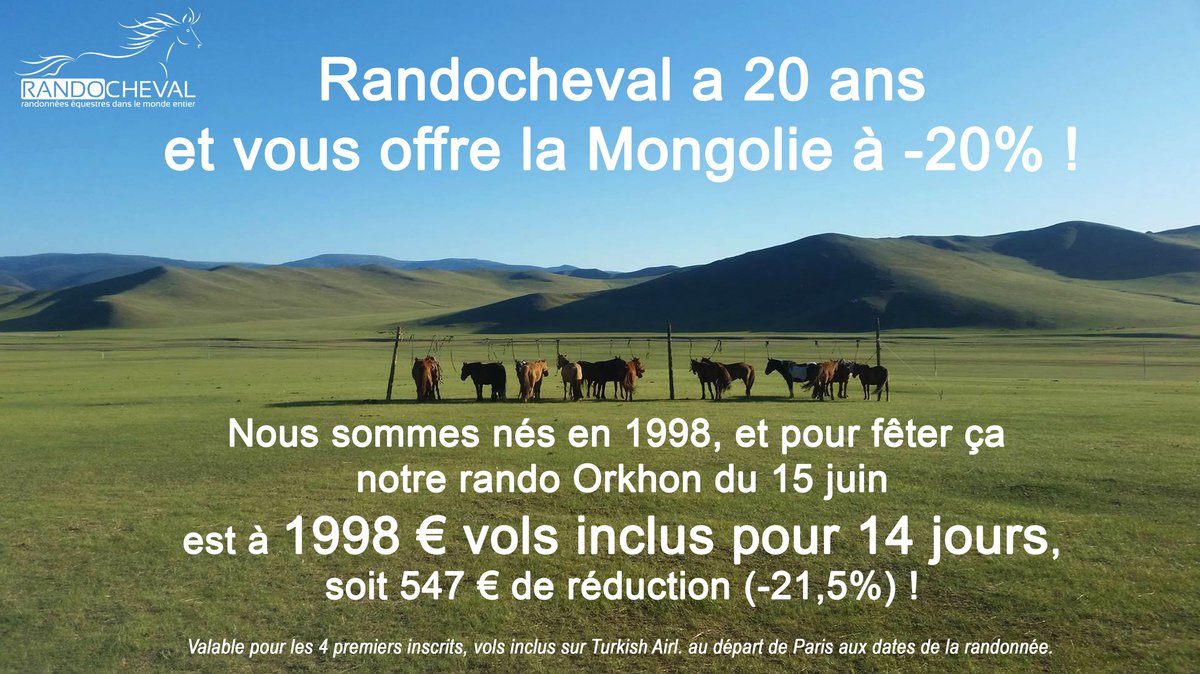 Randocheval's tweet photo. #Randocheval a 20 ans et vous offre la #Mongolie à -20%...
Nous sommes nés en 1998 et pour fêter ça notre rando du 15/06 est à 1998 € VOLS INCLUS pour 14 j. soit 547 € de réduction (-21,5%) !
Plus d'infos : https://t.co/CUJASgcKm1
Contact : 04 37 02 2000 ou info@randocheval.com https://t.co/2ZpUYDFWrG