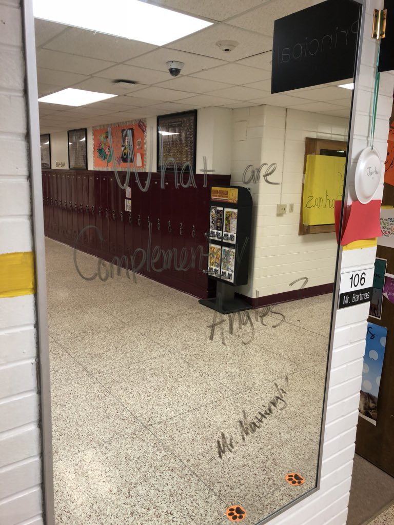 CaseyMattingly's tweet photo. Decorating the lobby with Complementary Angles! Working with protractors. #FlyHighFri #AlexEdChat #disruptionEDU @MrBartmas https://t.co/gLKb06jJRm