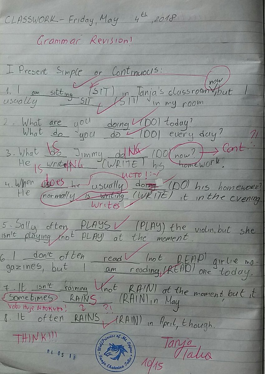 MontLupus's tweet image. Jedan moj (m)učenik kod istog subjekta (IT) i istog glagola (RAIN) u istom vremenu je napisao različite oblike. 
Takođe,kod iste odrednice (NOW) jednom je uradio #PresentSimple,a drugi put #PresentContinuous.😖

Cenim da i u matišu kod znaka + jednom sabira,a drugi put oduzima.😒