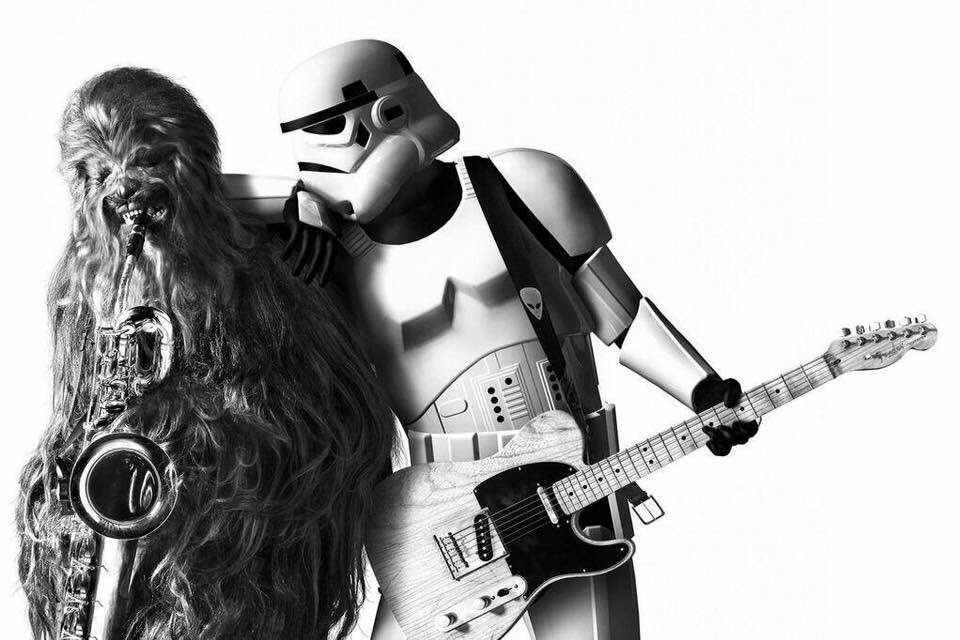 SpokenMirrorDuo's tweet photo. Happy #StarWarsDay ! ... had asked @MalcMacMusic if I could be the Stormtrooper this year but no joy! Any saxophonist know the best way to get wookie hair out your saxophone keys? https://t.co/Rb1QBzIDN4