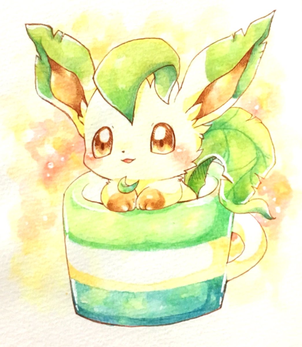 leafeon no humans pokemon (creature) solo blush cup brown eyes open mouth  illustration images