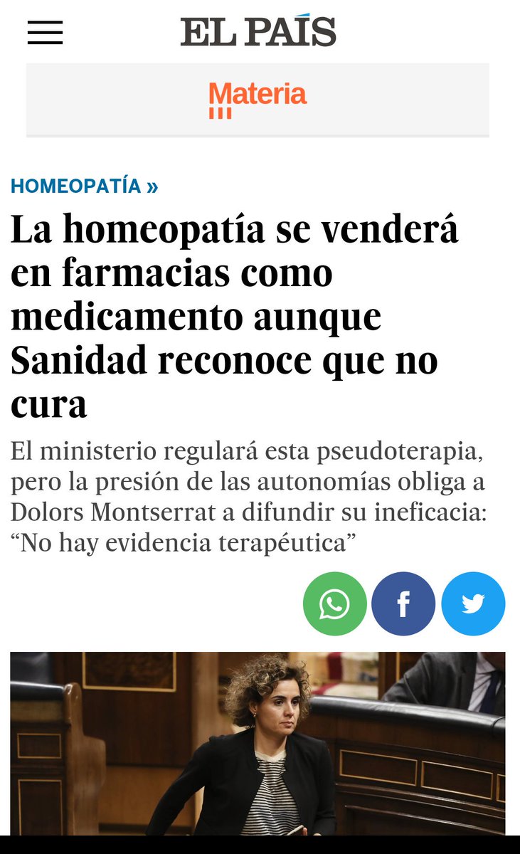 Regularizar la #ineficacia de una terapia Sra Ministra <a href="/DolorsMM/">Dolors Montserrat</a>, con todos mis respetos, no nos ayuda a los profesionales de la salud a combatir la incertidumbre de nuestros pacientes
Regularizar la #Homeopatía es básicamente regularizar un #Engaño elpais.com/elpais/2018/04…