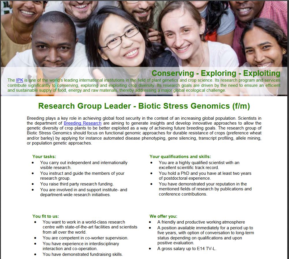 #IPKGatersleben is hiring:

Research Group Leader  - Biotic Stress Genomics -

ipk-gatersleben.de/uploads/media/…
#plantsci #plantscience #scijob #scijobs 
Apply or RT